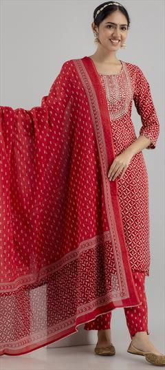 Red and Maroon color Salwar Kameez in Rayon fabric with Digital Print, Embroidered, Resham, Thread work Traditional Red Straight Kurta With Dupatta, Red Chanderi Salwar Kameez For Navratri, Red Traditional Straight Kurta With Dupatta, Red Straight Kurta With Dupatta, Designer Red Churidar With Dupatta, Designer Red Churidar With Pallu, Red Designer Churidar With Pallu, Red Chanderi Churidar With Resham Embroidery, Red Churidar With Pallu For Designer Wear