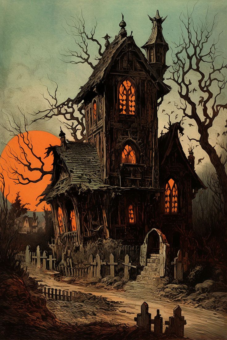 a painting of a creepy house with glowing windows