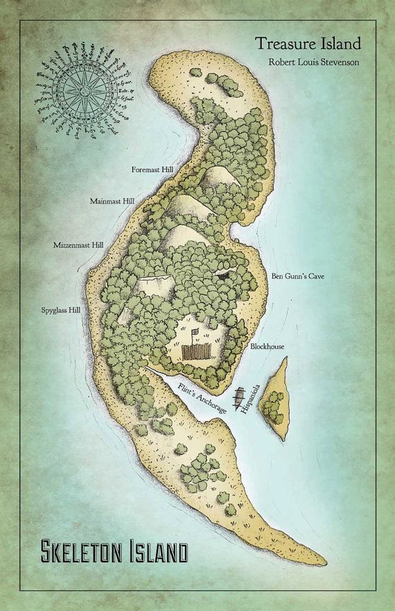 a map of skeleton island in the shape of a large body of water with trees on it