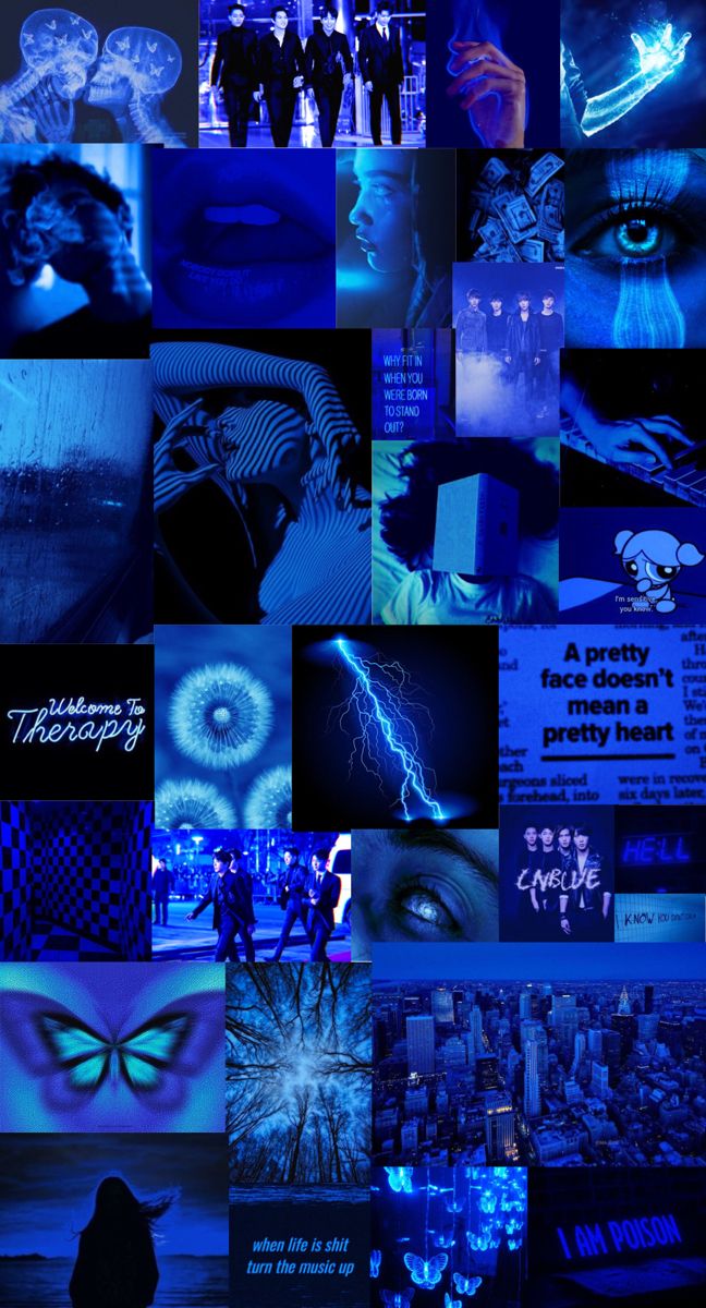 a collage of blue images with people in the background