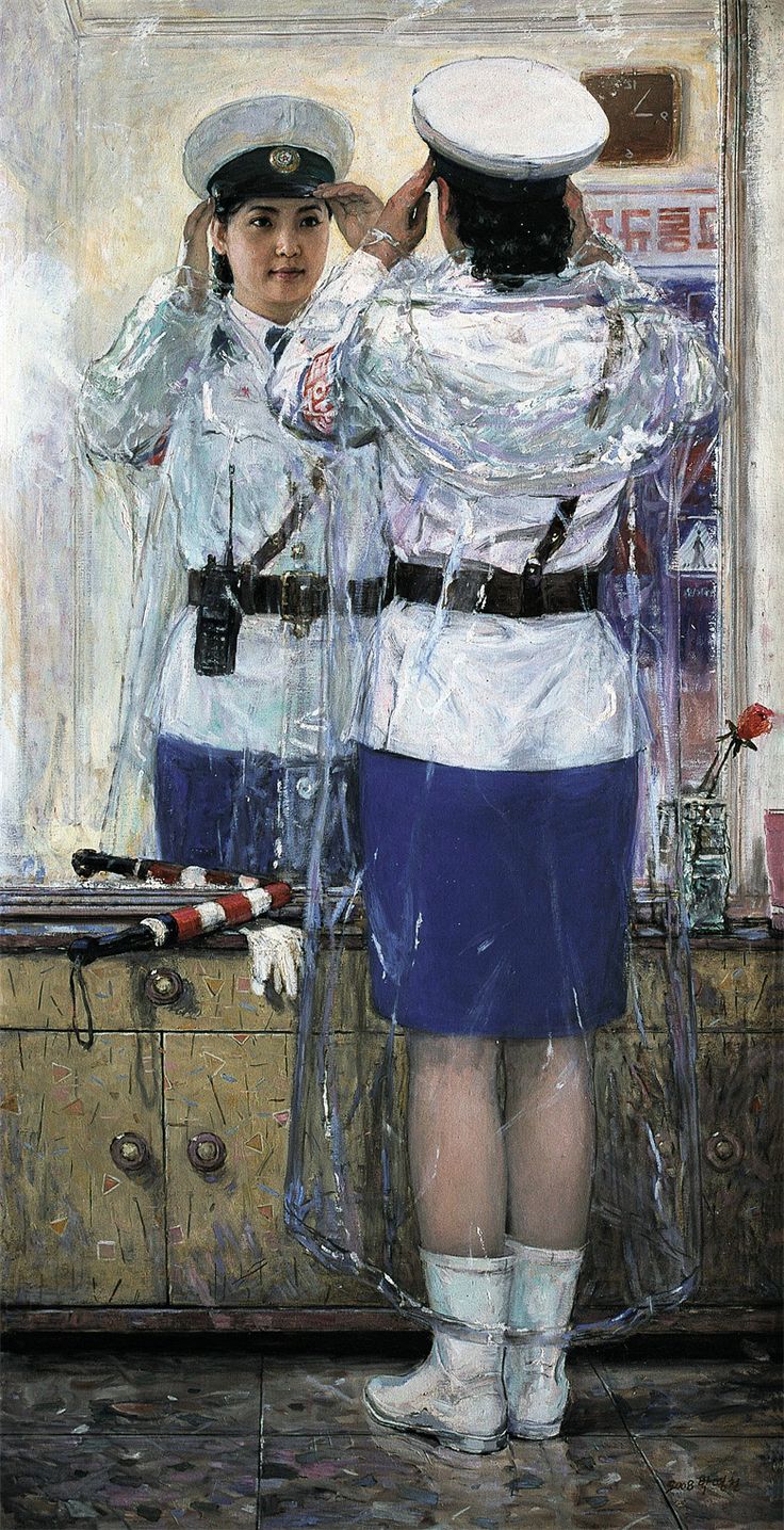 a painting of two women in uniform standing next to each other and looking at the mirror