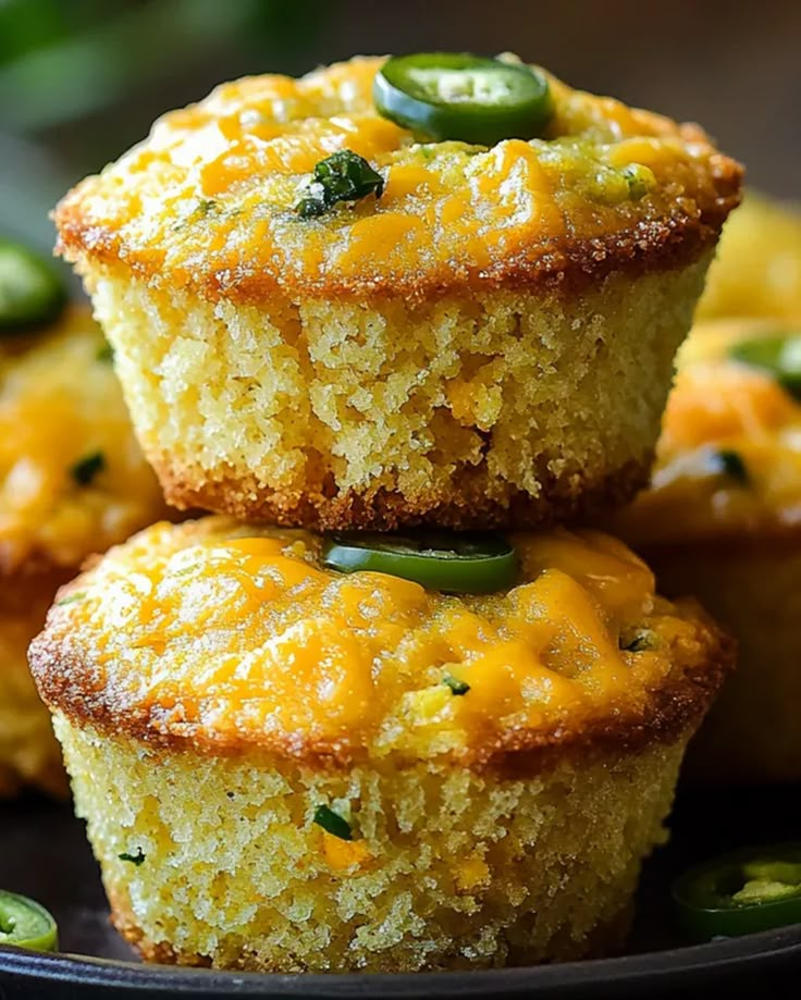 three cornbread muffins stacked on top of each other with jalapenos