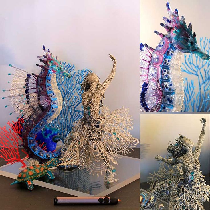 three different images of seahorses made out of wire and colored pencils on a table