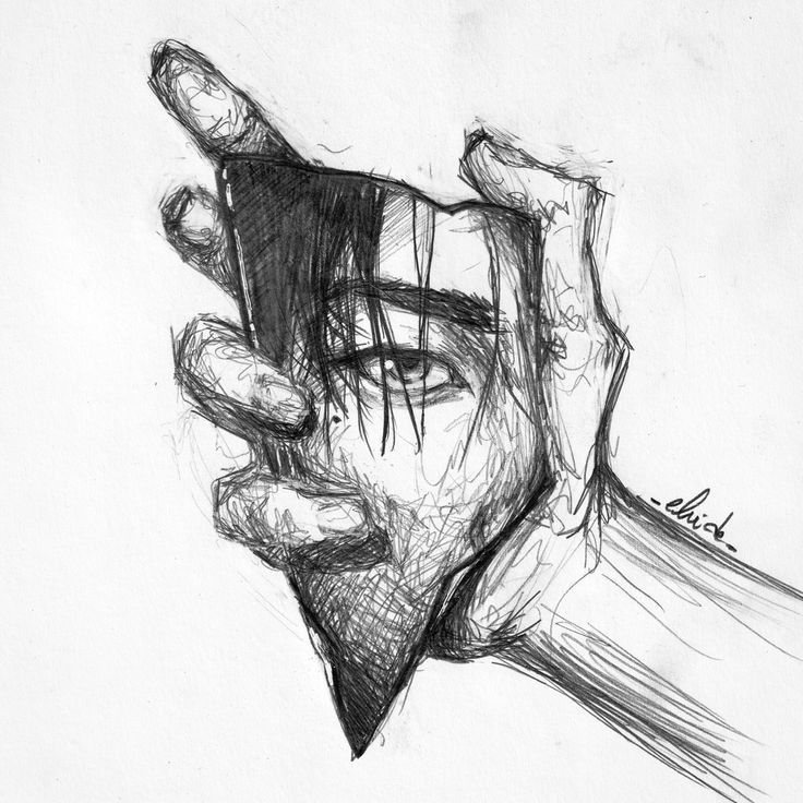 a black and white drawing of a person's hand holding something up to their face