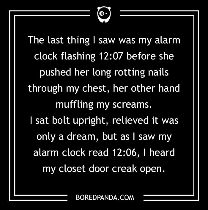 a poem written in black and white on a black background with the words, the last thing i saw was my alarm clock flashing 1207 before she pushed her