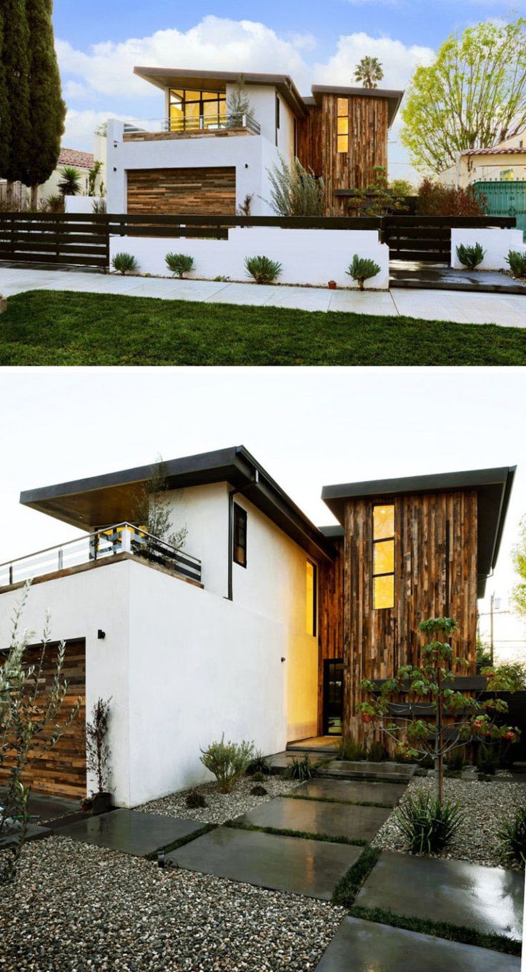 two pictures of a modern house with wood sidings and white walls, along with green grass