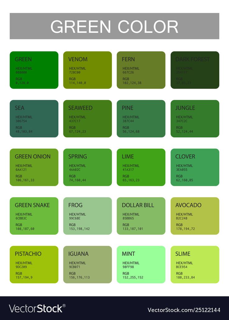 green color chart with the names and colors for each type of paint scheme royalty illustration