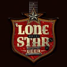 the logo for lone star beer on a black background with an acoustic guitar in the center