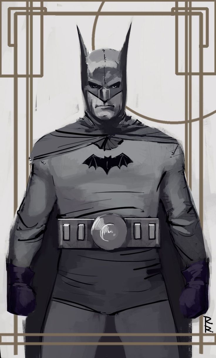 a drawing of batman standing in front of an art deco background