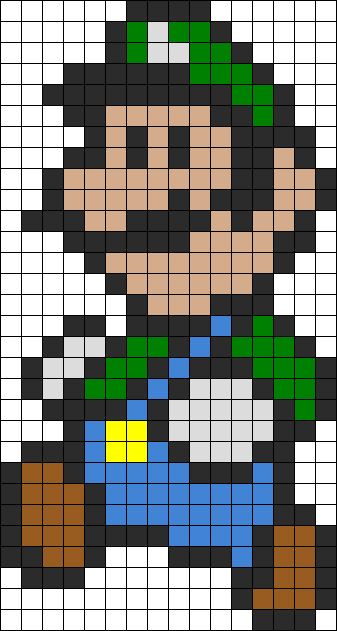 an image of a pixel art piece with a green hat and blue pants on it