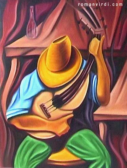 a painting of a man with a guitar in his hand and wearing a yellow hat