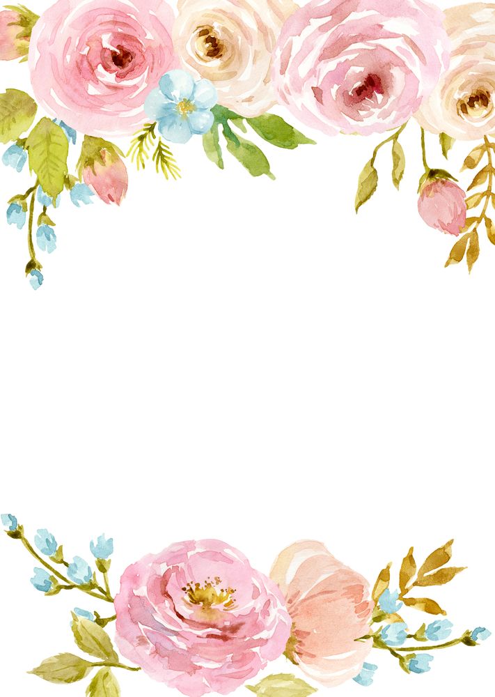 a watercolor floral frame with pink roses and bluebells on the bottom right corner