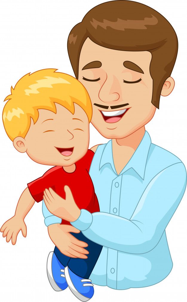 a man holding a little boy who is smiling and hugging his face with both hands