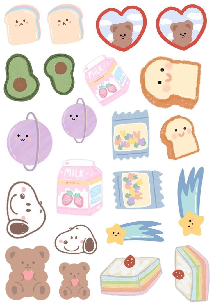 a bunch of stickers that are on the side of a white wall with hearts and bears