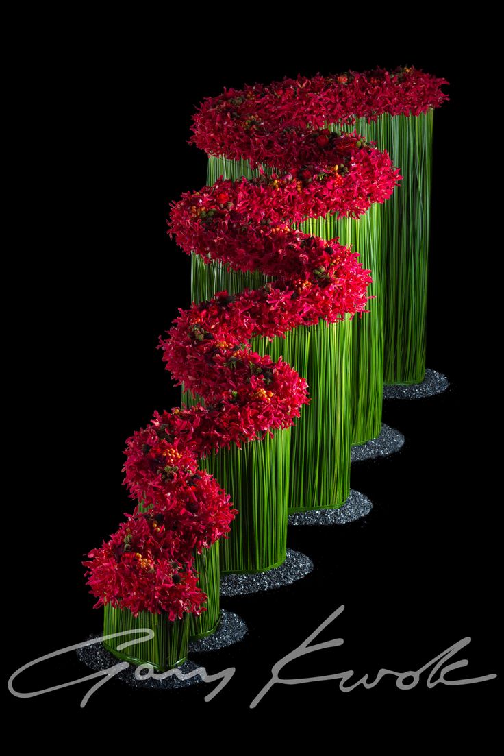 red flowers are arranged in the shape of a spiral