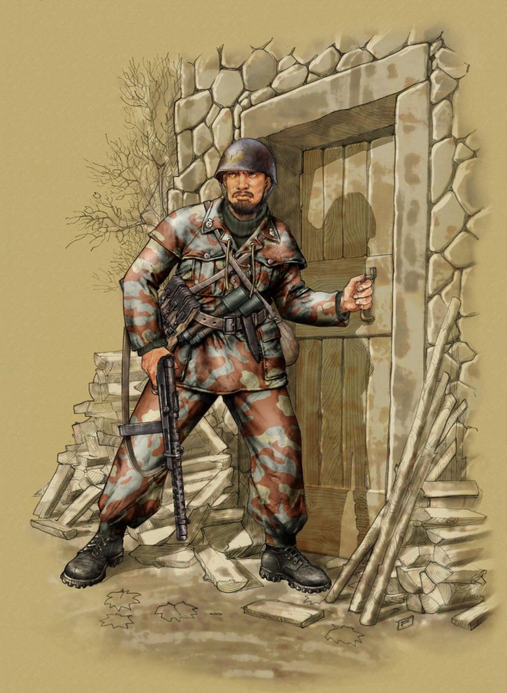 a drawing of a soldier standing in front of a door