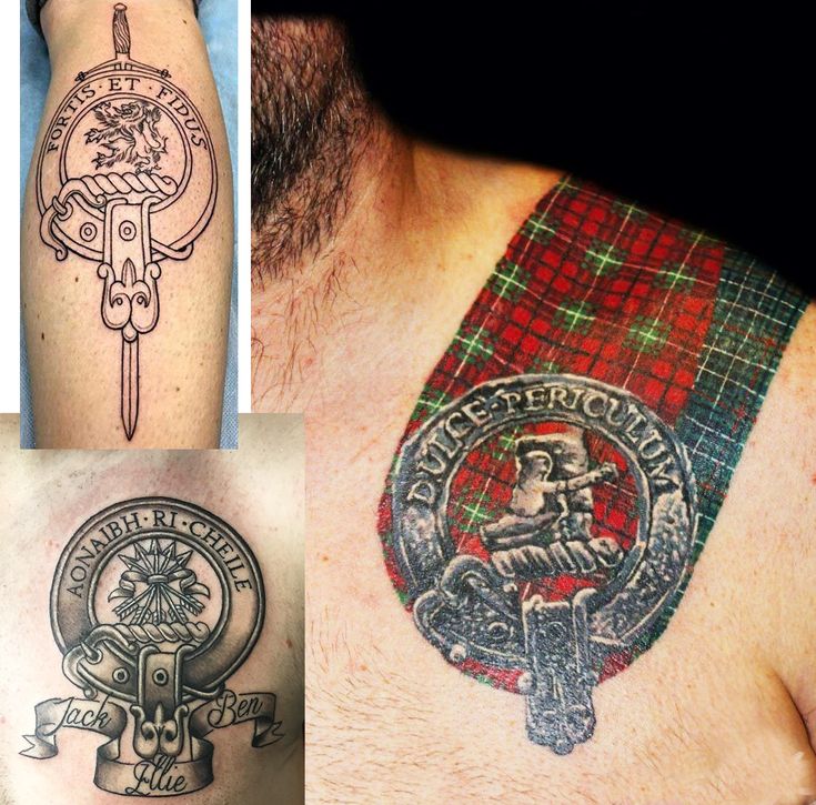 some tattoos on the back of men's arms and chest are shown in three different pictures