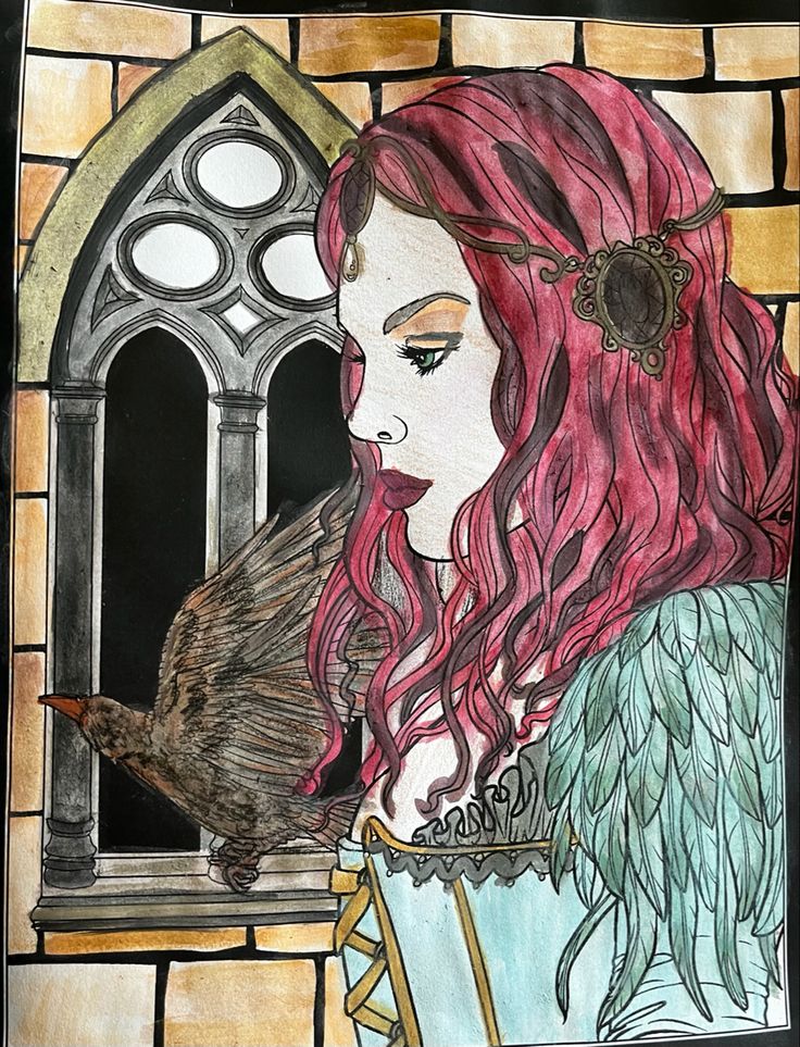 a drawing of a woman with red hair holding a bird in front of a window