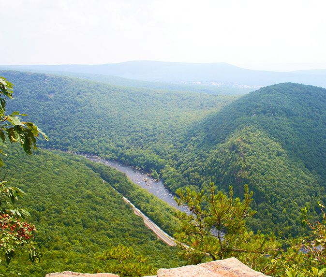 a scenic view of a valley and river from the top of a hill with trees