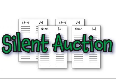 the word silent auction written in green and black on three sheets of paper with name tags