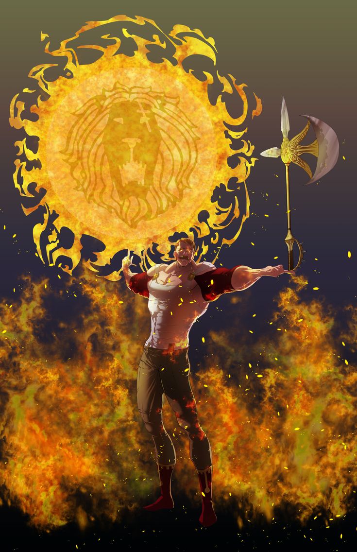 a man holding a flag in front of a fireball with an image of a lion on it