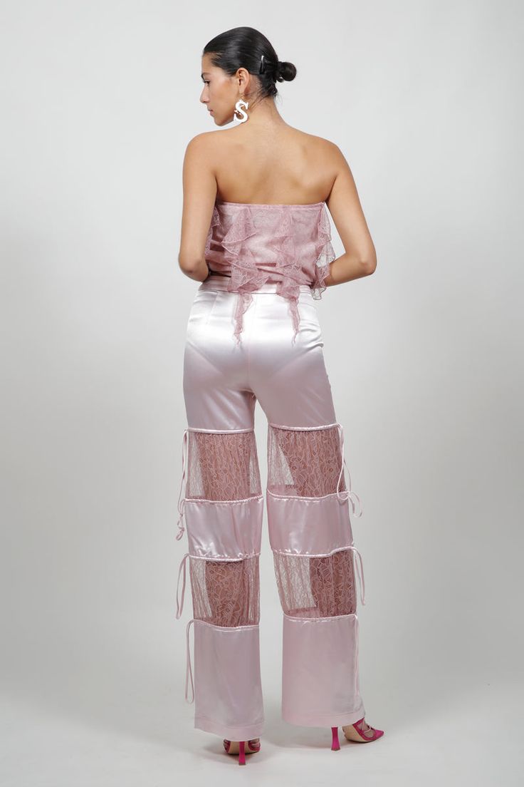 Pre-Order: Pink Lace Insert Pant – Kim Shui Studio Pink Elastane Bottoms For Night Out, Kim Shui, Lace Insert, Pink Lace, Pre Order, Spandex, Models, Silk, Lace