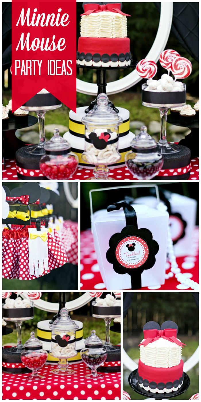 a minnie mouse party with red and white decorations