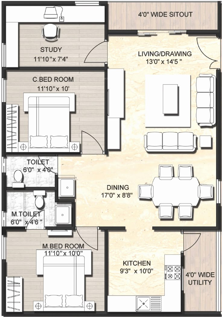 the floor plan for an apartment with two bedroom, one bathroom and three living areas