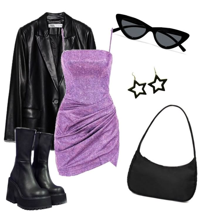 Purple sparkle dress with black leather jacket and black boots /accessories/ Dress With Black Leather Jacket, Euphoria Aesthetic Outfits, Euphoria Inspired Outfits, Euphoria Outfits Party, Purple Dress Outfits, Hslot Outfit Ideas, Harry Styles Concert Outfit, Euphoria Clothing, Cute Concert Outfits