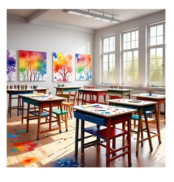 an empty classroom with colorful paintings on the walls and wooden desks in front of large windows