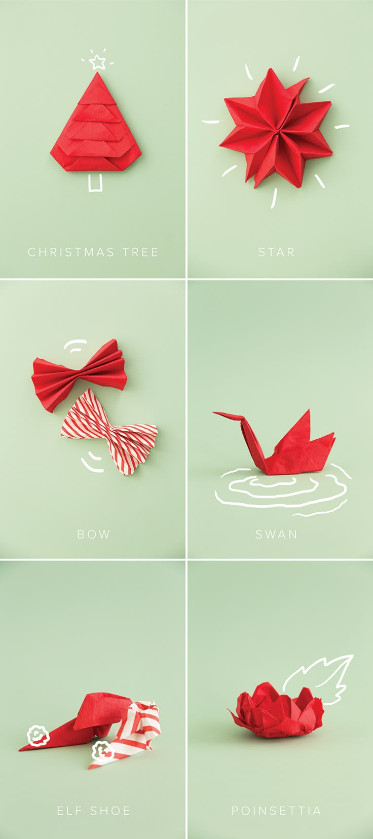 the instructions for how to make origami christmas trees with red paper folded in different directions