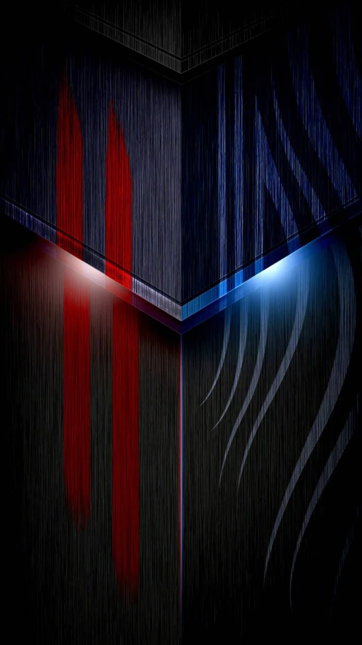 an abstract image of red and blue lights in the dark room with black flooring