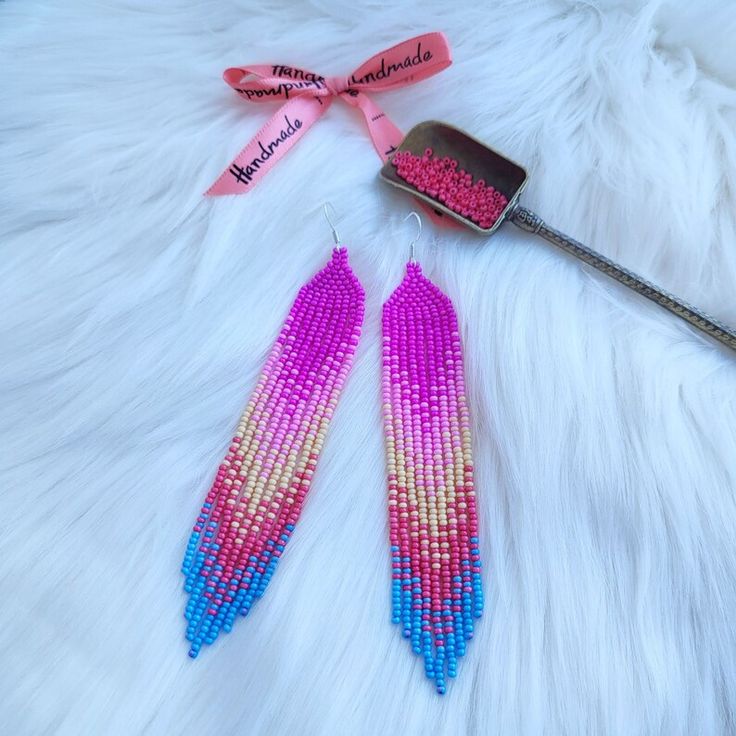 Barbie style earrings Pink blue seed bead earrings Gradient - Etsy Украина Rainbow Fringe Earrings As Gift, Rainbow Beaded Fringe Earrings For Gift, Rainbow Dangle Earrings With Fringe, Rainbow Fringe Dangle Earrings, Rainbow Fringe Dangle Jewelry, Trendy Adjustable Beaded Earrings With Dangling Beads, Colorful Dangling Beads Earrings For Party, Colorful Beaded Dangling Earrings For Party, Party Beaded Fringe Earrings Adjustable