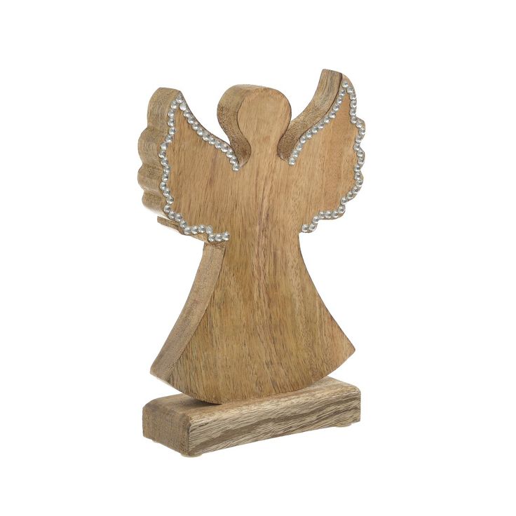 an angel figurine made out of wood with crystals on it's wings