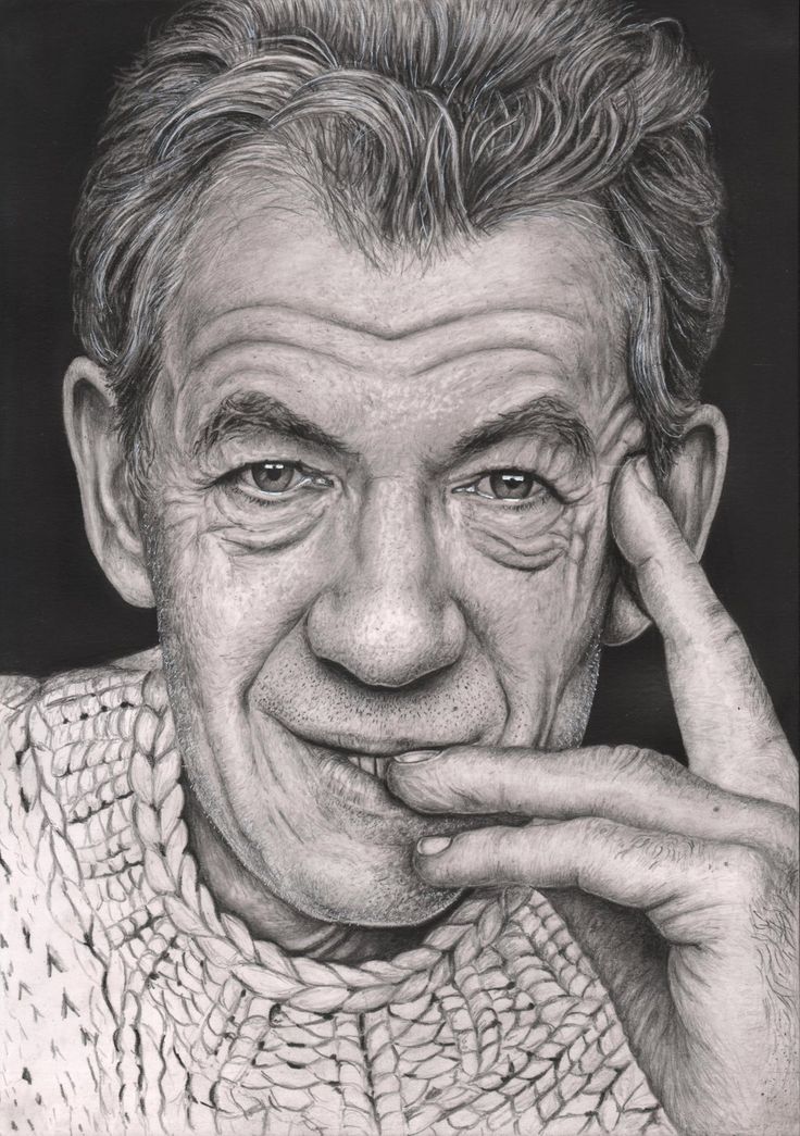 a black and white drawing of a man with his hand to his face, looking at the camera