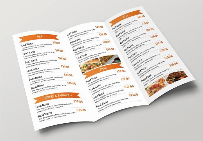 an orange and white restaurant menu is open to show the food items that are on display