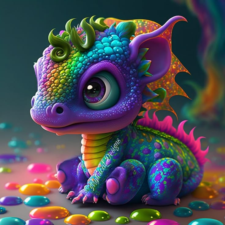 a colorful dragon sitting on the ground surrounded by bubbles