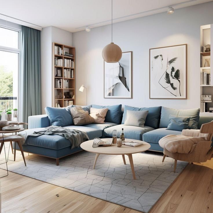 a living room filled with furniture next to a large window and bookshelf on the wall