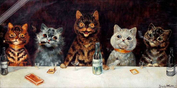 a painting of five cats sitting at a table with bottles and papers on the table