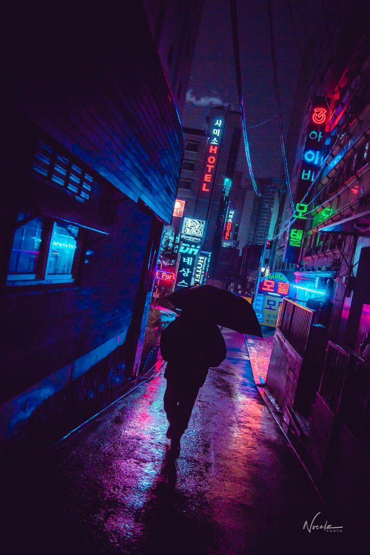 a person with an umbrella walking down the street in the rain at night under neon signs