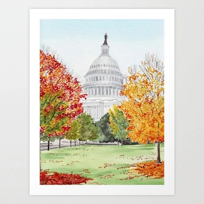 a painting of the capitol building in washington, dc with fall foliage and trees around it