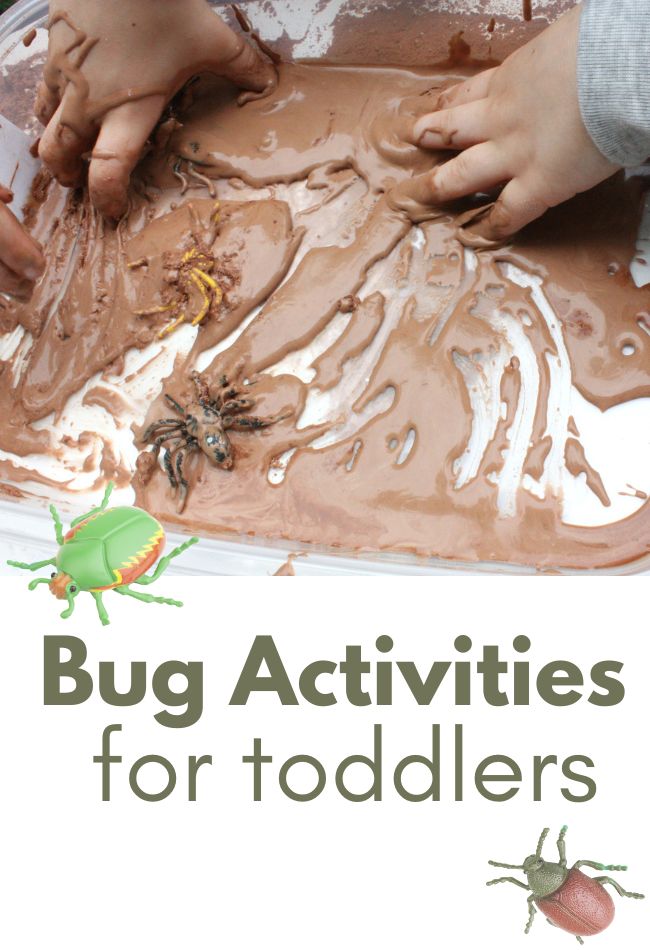 children are playing with mud and bugs in the sand on a white sheet that says bug activities for toddlers