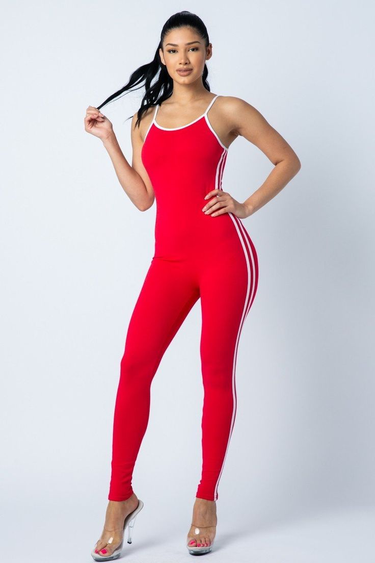 Who needs a top when you can wear this effortless jumpsuit. Pair it with your favorite tennis shoes, pumps or sandals. Take your pick between blue, black and or red. Casual Summer Sports Jumpsuits And Rompers, Casual Stretch Jumpsuits And Rompers For Training, Casual Jumpsuits And Rompers For Spring Sports, Casual High Stretch Jumpsuits And Rompers For Workout, Casual Spring Jumpsuits And Rompers For Sports, Casual High-stretch Jumpsuits For Workout, Casual Stretchable Workout Jumpsuits And Rompers, Casual Stretch Unitard For Gym, Casual Summer Sports Bodysuit