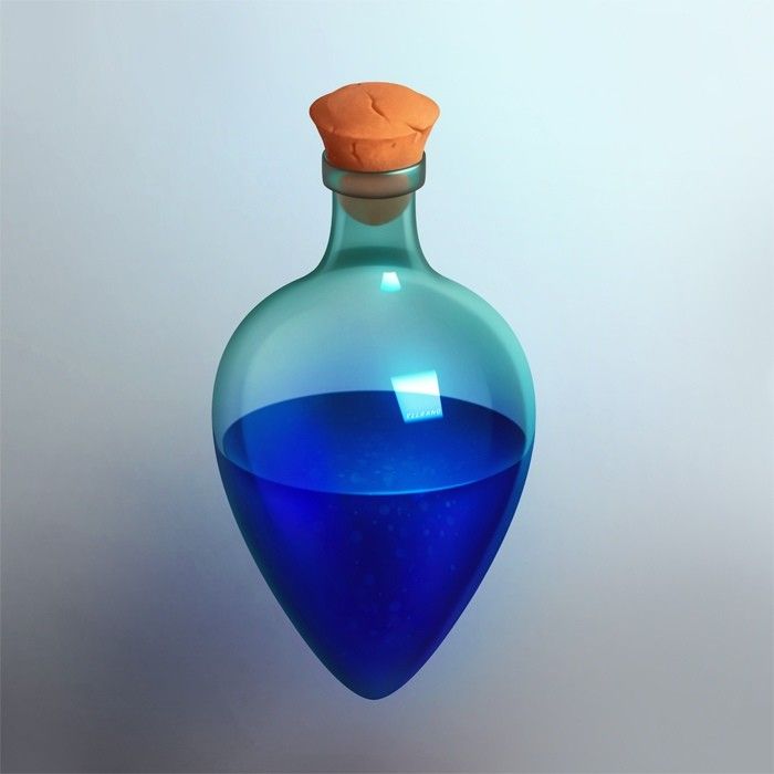 a blue glass bottle with a corked top hanging from a hook on a wall