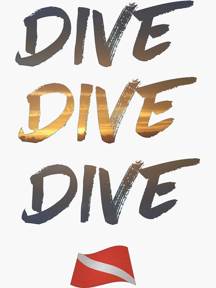 the word dive is painted in gold and silver on a white background with a red flag