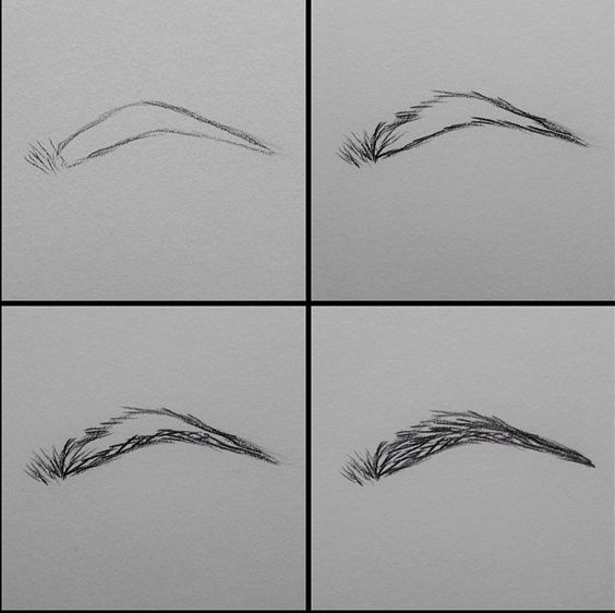 four different stages of drawing with pencils on paper, each showing an individual's eye