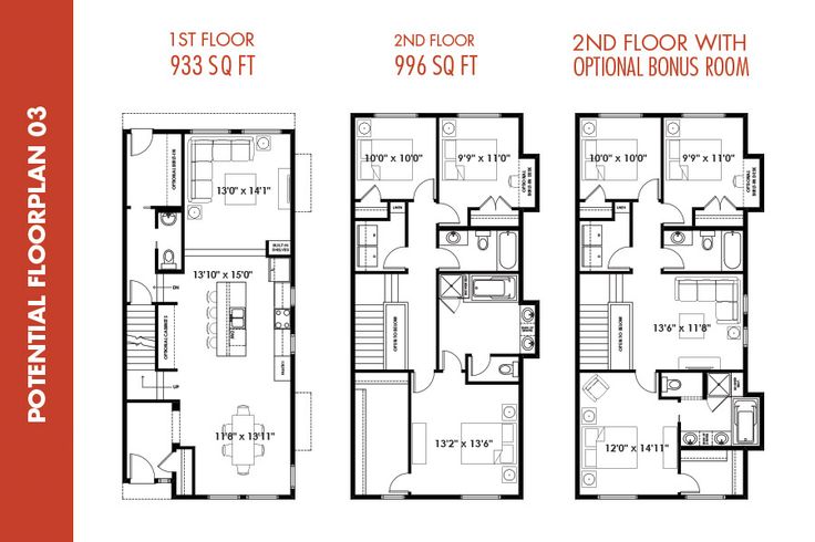 three floor plans for the two bedroom townhouse