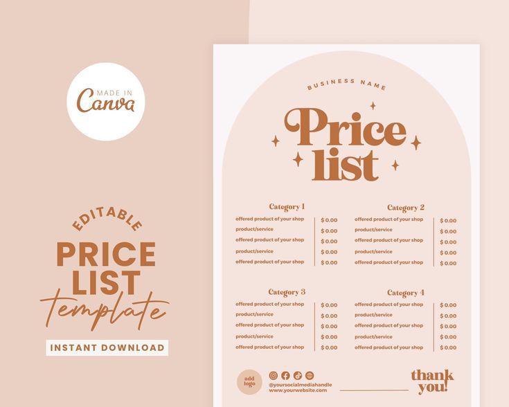 a price list for a restaurant on a pink background with gold foil lettering and an orange circle