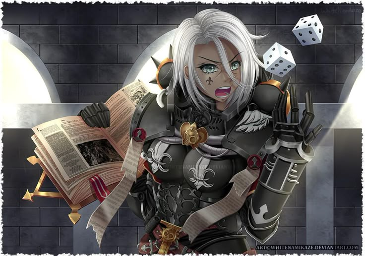 an image of a woman holding two dices in her hands and wearing armor with horns