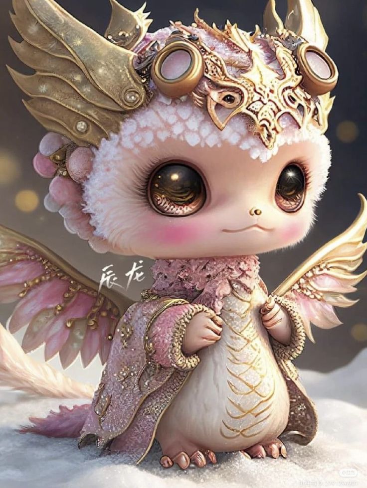 a cute little angel with big eyes and gold wings on top of snow covered ground